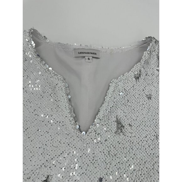 Cavanagh Baker Silver Sequin Short Sleeve V-Neck Mini Dress S - Picture 4 of 14